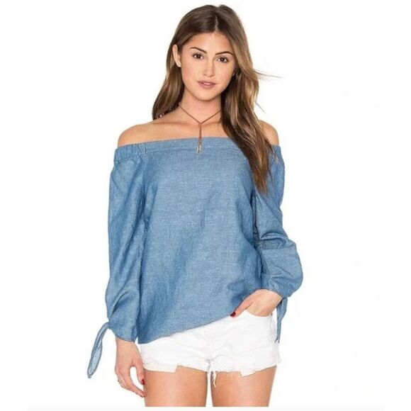 NWT Free People Womens Show Some Shoulder Top Off Shoulder Blue Chambray Top Siz - Picture 1 of 11